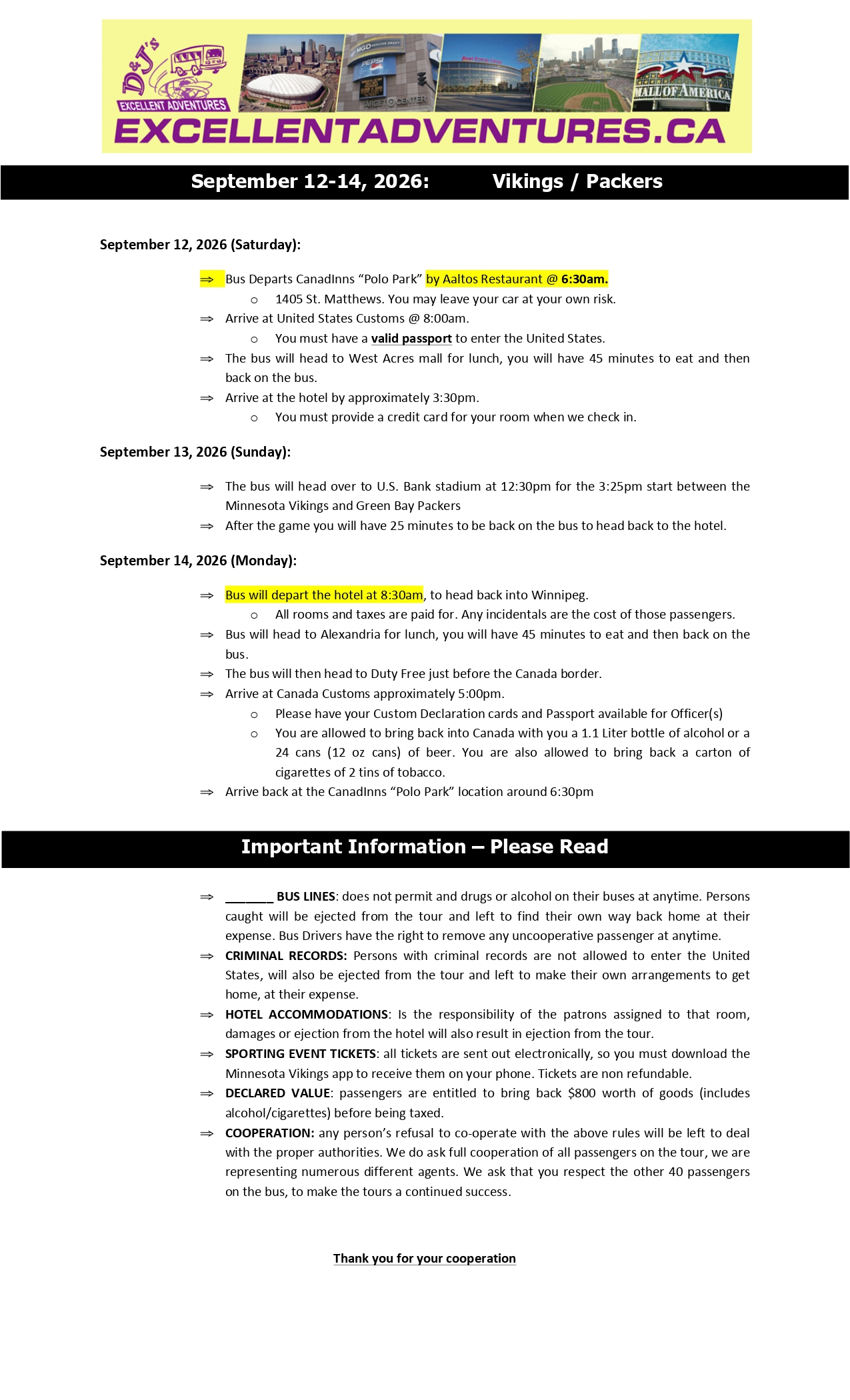 Vikes Packers Itinerary